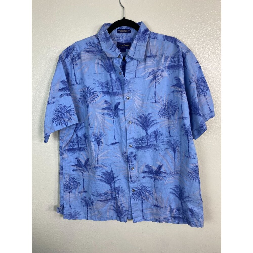 Club Room‎ Cotton Linen Mens Hawaiian Button Up Shirt size Large Vacation Blue